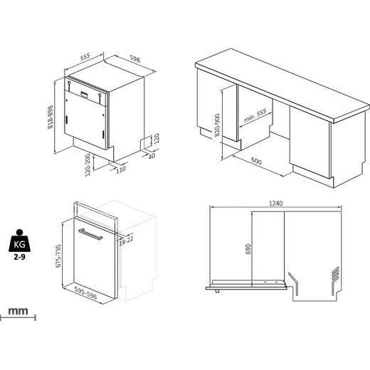 Candy RapidÓ Fully Integrated Standard Dishwasher - Silver  - Annotation - Dimension shot